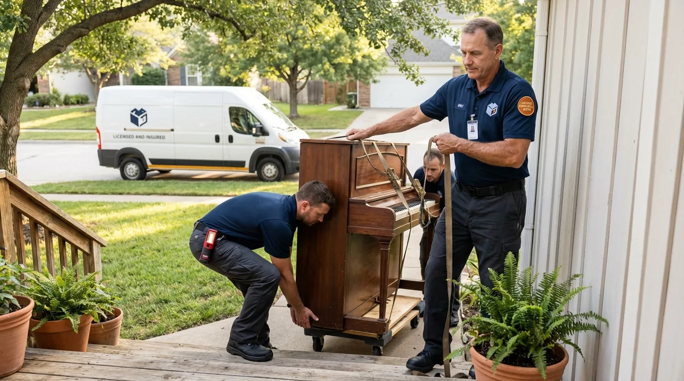 Licensed piano movers securing grand piano in Clifton Heights, PA
