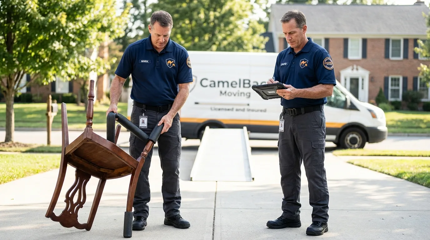 Movers inspecting furniture for damage prevention before loading in Clifton Heights, PA
