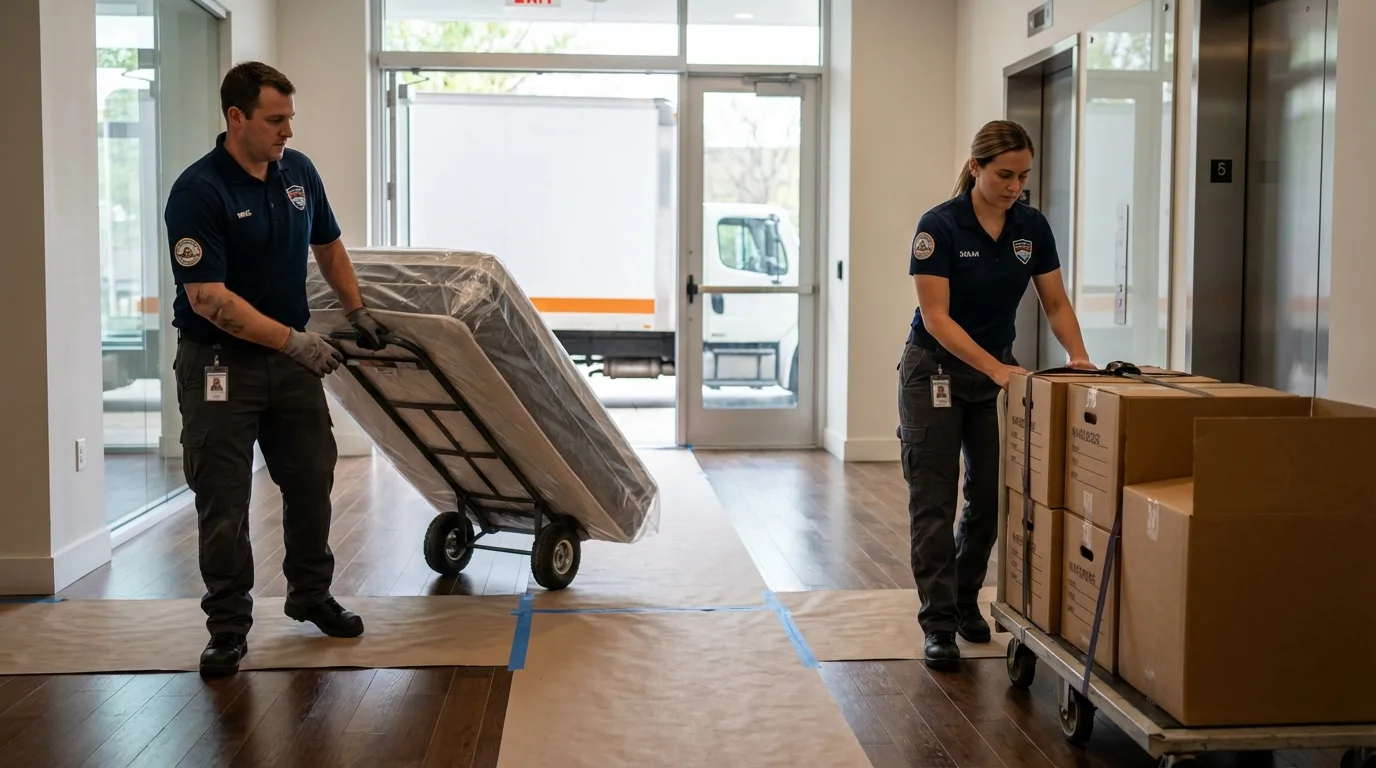 Professional apartment movers loading elevator in Clifton Heights, PA