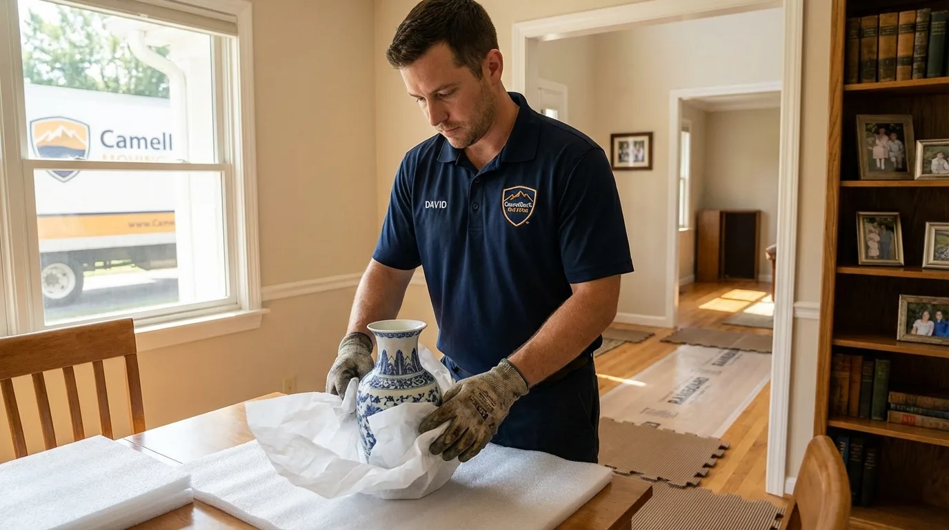 Professional crew carefully wrapping antique vase for senior downsizing move in Clifton Heights, PA